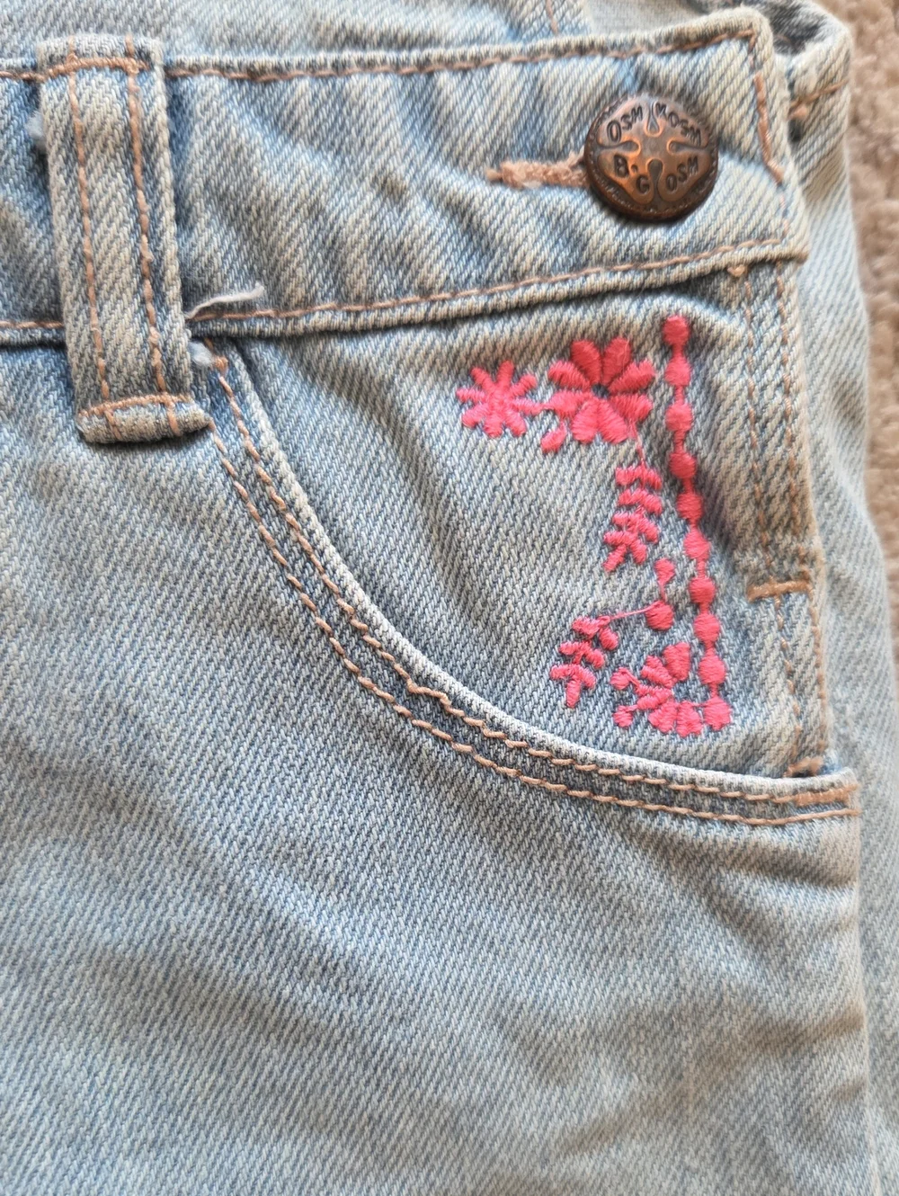 OshKosh B'gosh Light Wash Pink Flower Embroidered Short Overalls Size 12M